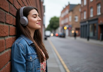 Peaceful Moment Young Woman in Headphones on City Street