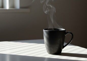 Steaming Black Coffee Mug in Sunlight with Blind Shadows