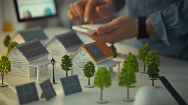 A design engineer works with a calculator, analyzing solar panel layouts on model houses. This scene takes place in an office dedicated to renewable energy solutions