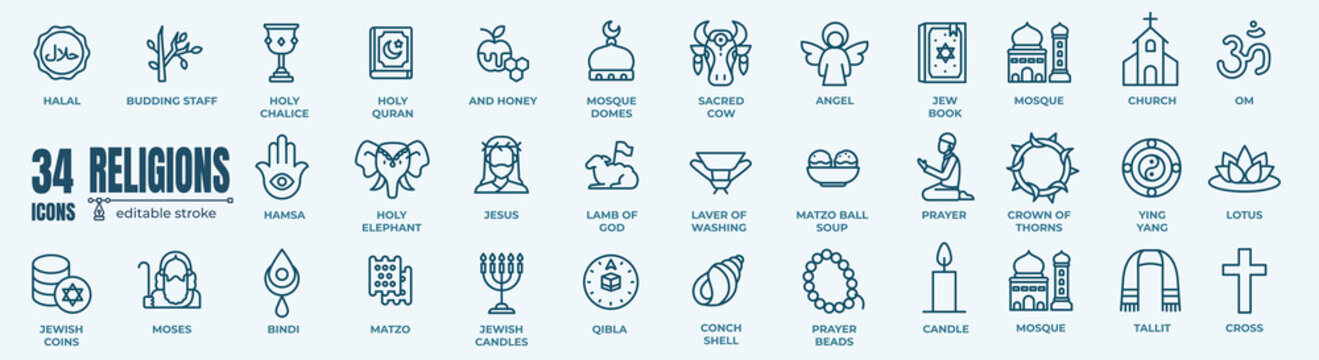 Set of multi-faith religious vector icons, including symbols from Christianity, Judaism, Islam, and other world religions. Outline style.