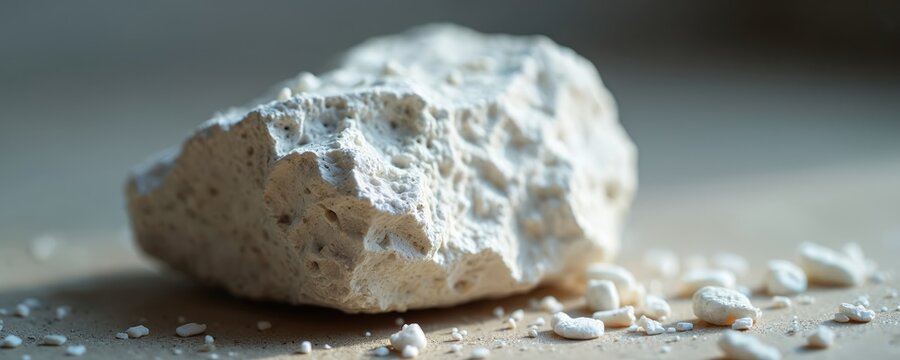 Rough white rock phosphate chunk with fossil texture. White specks adorn mineral stone surface. Concept of paleontology minerals, excavation geology science. Rock sample may show phosphorus content