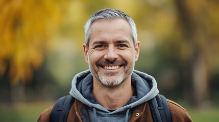 Outdoor portrait of a middle-aged man with salt-and-pepper hair smiling warmly while wearing a hoodie and jacket, captured in soft natural light with an autumn background that highlights calm, friendl