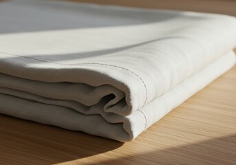 Folded Light Linen Fabric Stack on Wooden Table in Sunlight
