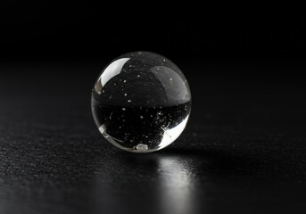 Clear Glass Orb with Specks on Dark Surface, Reflective Sphere Art