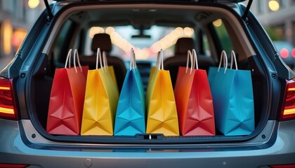 Car trunk filled with colorful shopping bags. Ready for transport after retail therapy. Items packed for home delivery from mall. Happy consumers carry purchases. Weekend sale finds loaded.