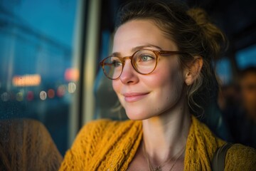 Dreamy woman riding bus at night