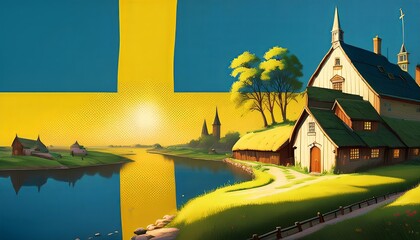 A quaint house by a lake glows under a yellow cross, symbolizing Sweden serene landscapes and national pride. The image conveys tranquility, heritage, and picturesque beauty.