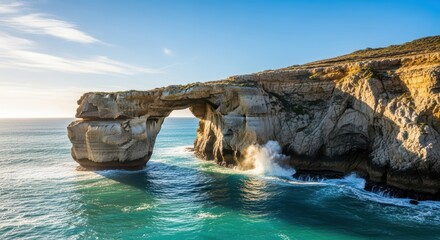 Majestic coastal rock arch formation against vibrant blue ocean and sky
