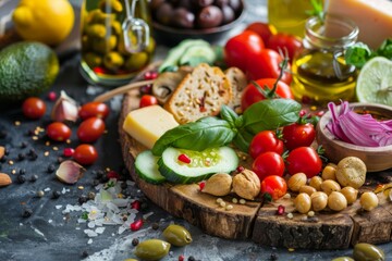Colorful food arrangement with fresh ingredients on a wooden board