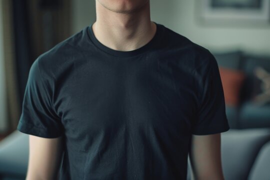 Young adult man in a black t-shirt looking thoughtful indoors