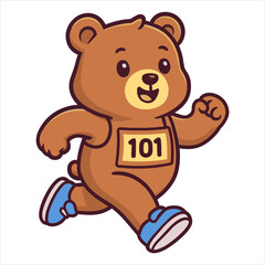 Cute running bear flat vector logo illustration for sports competition, number 101,  cartoon character isolated