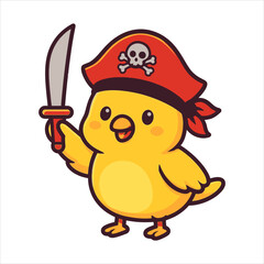 Cute baby chick dressed as a pirate, holding a sword, in a flat vector logo illustration style