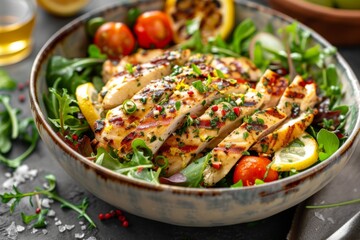 Grilled chicken salad with fresh vegetables and herbs