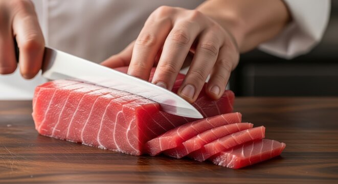 Hands slicing fresh tuna fillet with knife on wooden cutting board