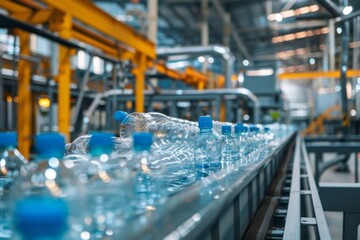 Fototapeta premium Bottled water production line in a factory setting