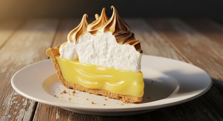 Delicious lemon meringue pie slice on rustic wooden table