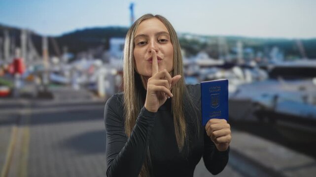 Young hispanic woman holding blue passport, finger to lips for silence at marina pier; secrecy migration identity.