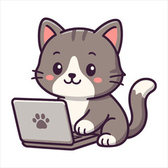 Cute gray striped cat using a laptop, flat vector logo illustration for your design needs