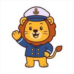 Cheerful cartoon lion in a captain's uniform waving hand, a playful flat vector logo illustration ideal for maritime businesses, animal-themed projects, or children's book designs
