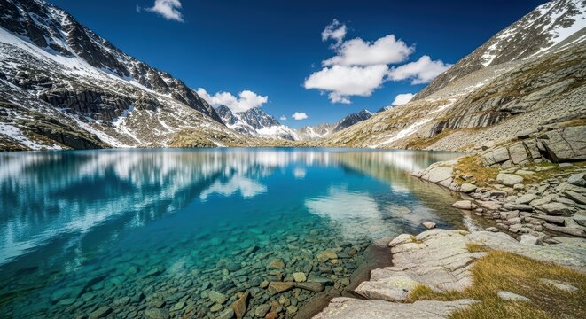 Pristine alpine lake with snow-capped mountain peaks under clear blue sky