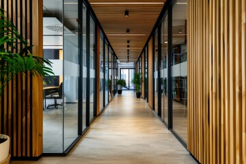 Modern office corridor with glass walls and plants