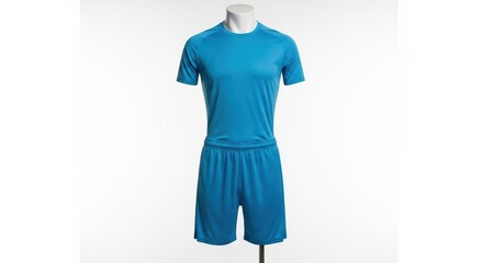 Blue athletic uniform set on mannequin displayed against white background