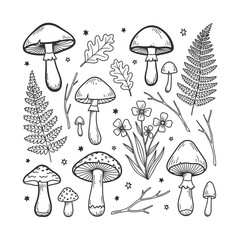 A delightful black and white hand-drawn illustration featuring a whimsical collection of forest elements, including mushrooms, ferns, leaves, and wildflowers, perfect for nature designs.