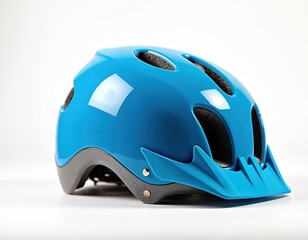 Fototapeta premium Blue children bicycle helmet isolated on white. Safety equipment for kid riding bike. Protective headwear for cycling. Kid sport and active lifestyle during summer holiday vacation.