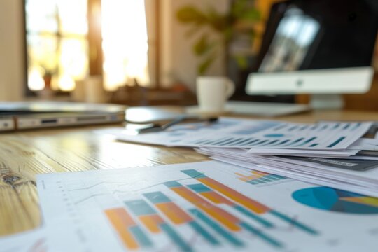 Business documents and charts on a desk in a bright office