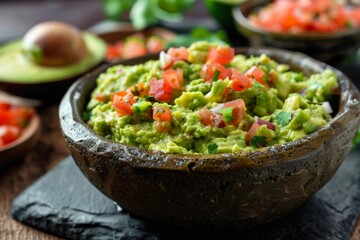Delicious guacamole served in a traditional bowl with fresh ingredients