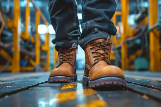 Adult man wearing brown work boots walking in industrial setting