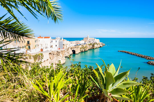 Scenic view of Vieste, a charming seaside town on Italy’s Gargano Peninsula, with sandy beach and whitewashed houses, Apulia, Italy