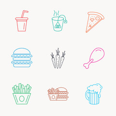 Outline icons of food and drink, including pizza, burger, tea, and beer.