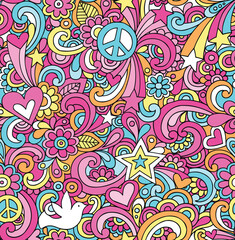 A vibrant and colorful psychedelic doodle pattern featuring peace signs, hearts, stars, and flowers in a groovy 1960s style.