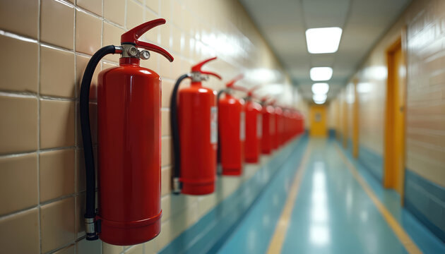 Red fire extinguishers line tiled wall in long, brightly lit empty hallway. Crucial safety equipment stands ready for emergency in public building school corridor. Clean floors, doors enhance