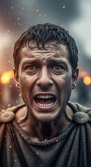Terrified man in ancient garments screams with profound anguish, his face dirty, witnessing the disastrous Pompeii volcano eruption, catastrophic tragedy of fire and ash.