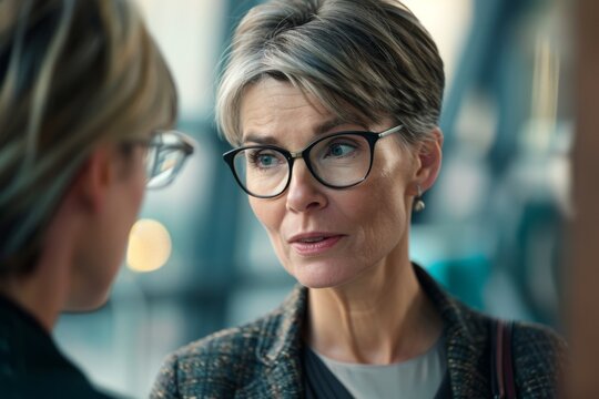 Mature woman engaged in serious conversation with another person