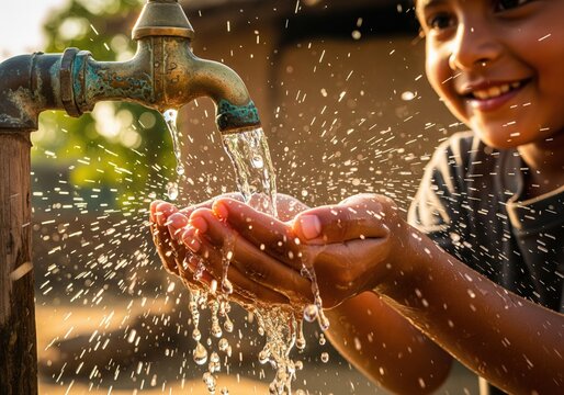 Joyful child washes hands under flowing water from an old outdoor tap outdoors during the day