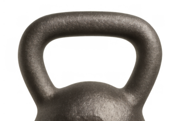 Dark grey cast iron kettlebell promoting strength training and fitness workouts, isolated on a transparent background