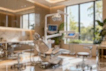 blurred background of a modern dental clinic featuring a comfortable examination chair under natural light from a large window with trees outside, highlighting a clean and organized space for optimal 