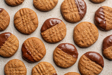 Homemade cookies made with natural integral peanut butter and chocolate. Top view.