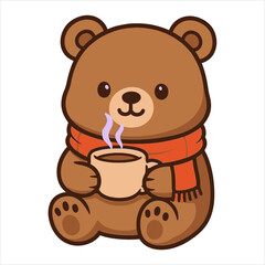 Charming Bear Holding a Warm Drink Flat Vector Logo Illustration - Cute Animal Icon for Cozy Moments
