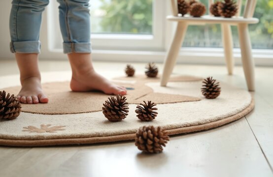 Childs bare feet stand on round rug with pinecones scattered nearby. Toddler learns balance and coordination on soft carpet, developing motor skills for healthy foot growth.
