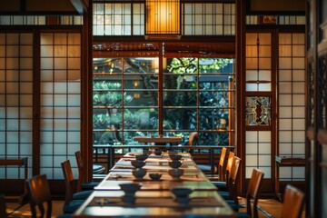 Elegant dining room with serene garden view