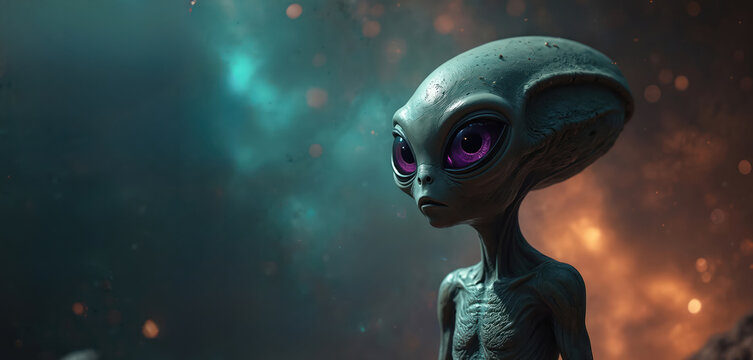 Alien creature with large purple eyes, green skin stands in space. Mysterious from deep space looks curious. Extraterrestrial big eyes, strange face. Cosmic background with stars, planets.