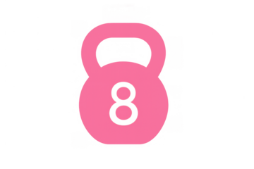 Pink kettlebell icon displaying number 8 for fitness training and strength workout, isolated on transparent background