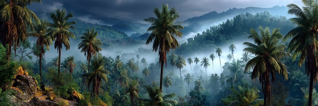 Mist rises over a dense jungle, palm trees towering above, creating a lush, untouched paradise. The image captures nature’s majesty, adventure, and serene beauty.