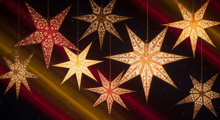 A beautiful collection of glowing paper star lanterns with intricate patterns, creating a warm and festive holiday atmosphere for celebration