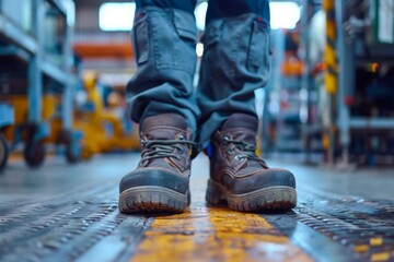 Adult worker standing in safety boots on factory floor