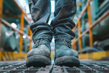 Adult wearing work boots in an industrial setting